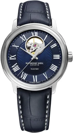 Raymond Weil Maestro Blues Men Visible Balance Wheel Automatic Watch, Blue Dial, Roman Numerals, Blue Leather Strap, 39.5 mm (Model: 2227-STC-00508)