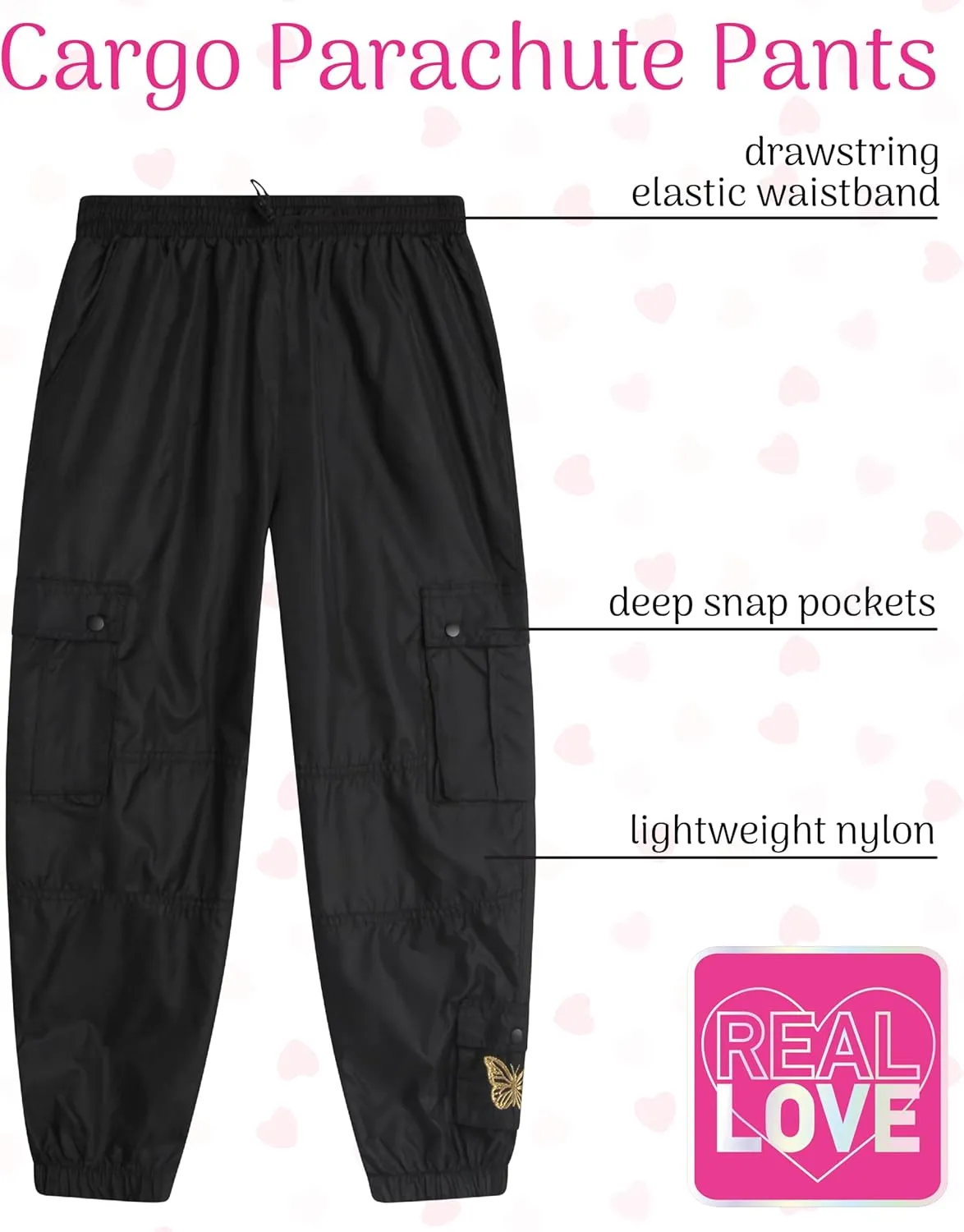 Real Love Girls' Cargo Pants - Lightweight Nylon Quick Dry Jogger Parachute Pants with Deep Multi Pockets (Sizes: 7-16)