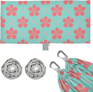 Red Flowers Teal Background Outdoor Hammock with Portabl Carry Bag Portable Hammock for Outside Beach Patio Garden