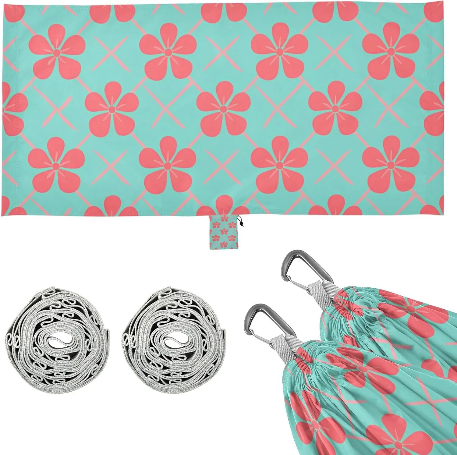 Red Flowers Teal Background Outdoor Hammock with Portabl Carry Bag Portable Hammock for Outside Beach Patio Garden