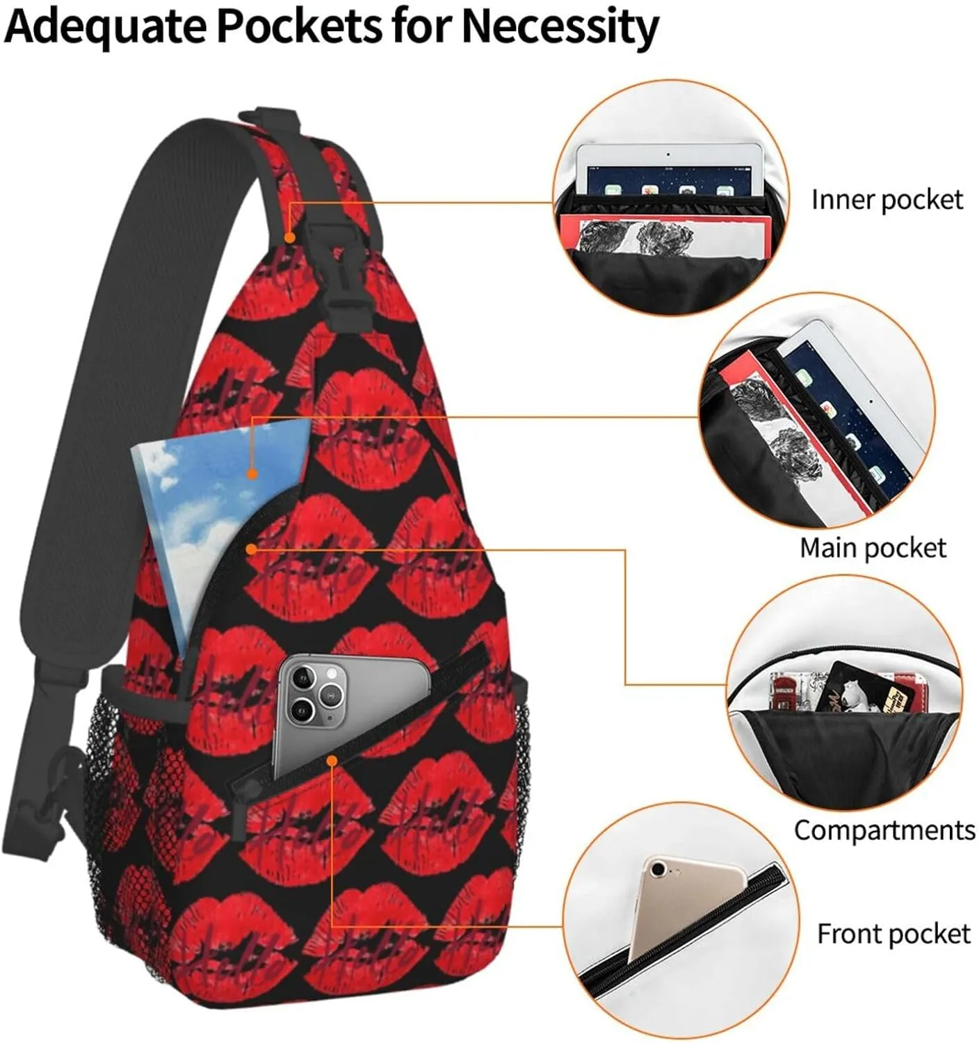 Red Hello Lips Print Crossbody Bag Cross Chest Bag Adjustable Sling Backpack Sports Gym Shoulder Bags Travel Cycling Daypack Diagonally Casual Rucksack