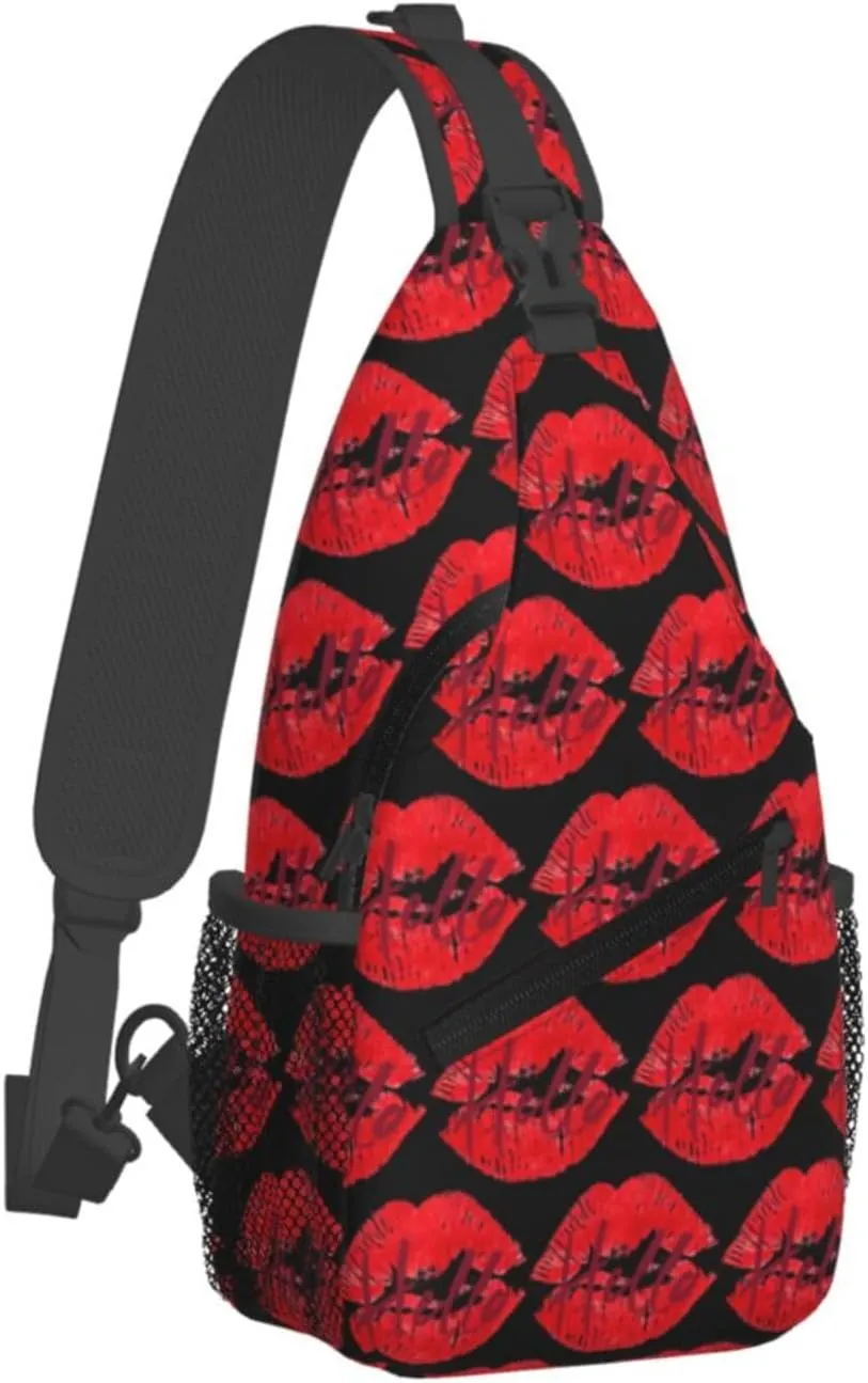 Red Hello Lips Print Crossbody Bag Cross Chest Bag Adjustable Sling Backpack Sports Gym Shoulder Bags Travel Cycling Daypack Diagonally Casual Rucksack
