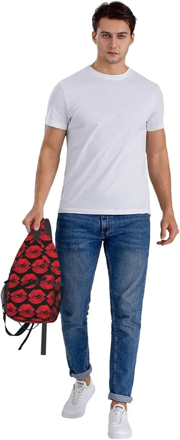 Red Hello Lips Print Crossbody Bag Cross Chest Bag Adjustable Sling Backpack Sports Gym Shoulder Bags Travel Cycling Daypack Diagonally Casual Rucksack