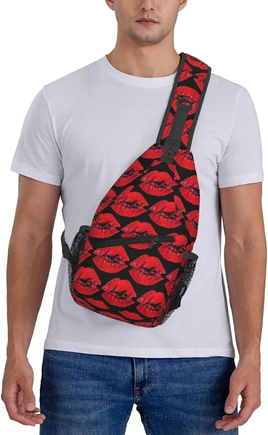 Red Hello Lips Print Crossbody Bag Cross Chest Bag Adjustable Sling Backpack Sports Gym Shoulder Bags Travel Cycling Daypack Diagonally Casual Rucksack