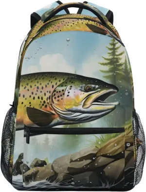 Retro Trout Landscape Backpack Daypack Shoulder Bag Book Bag Lightweight Back Pack 11.4 ×16 In