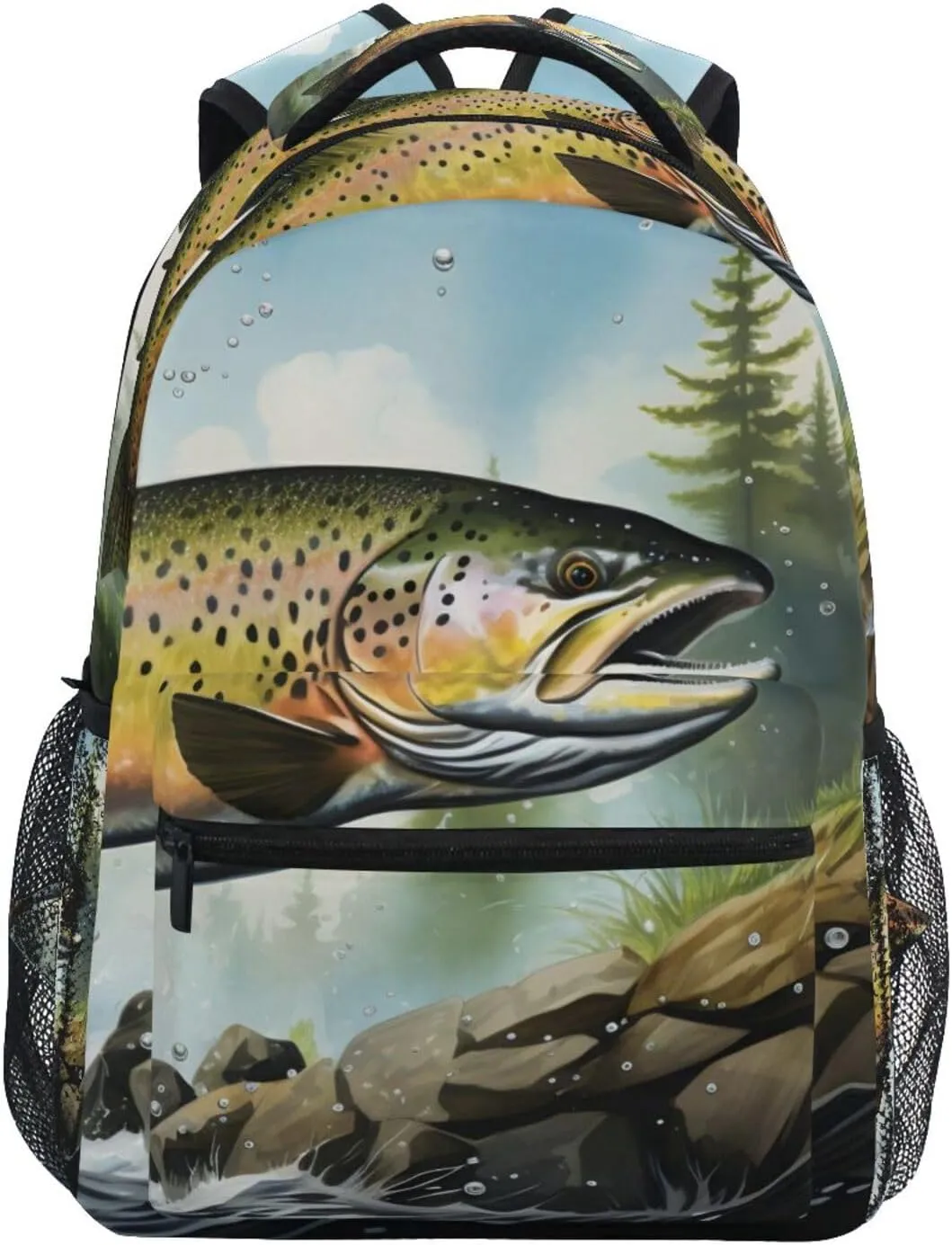 Retro Trout Landscape Backpack Daypack Shoulder Bag Book Bag Lightweight Back Pack 11.4 ×16 In