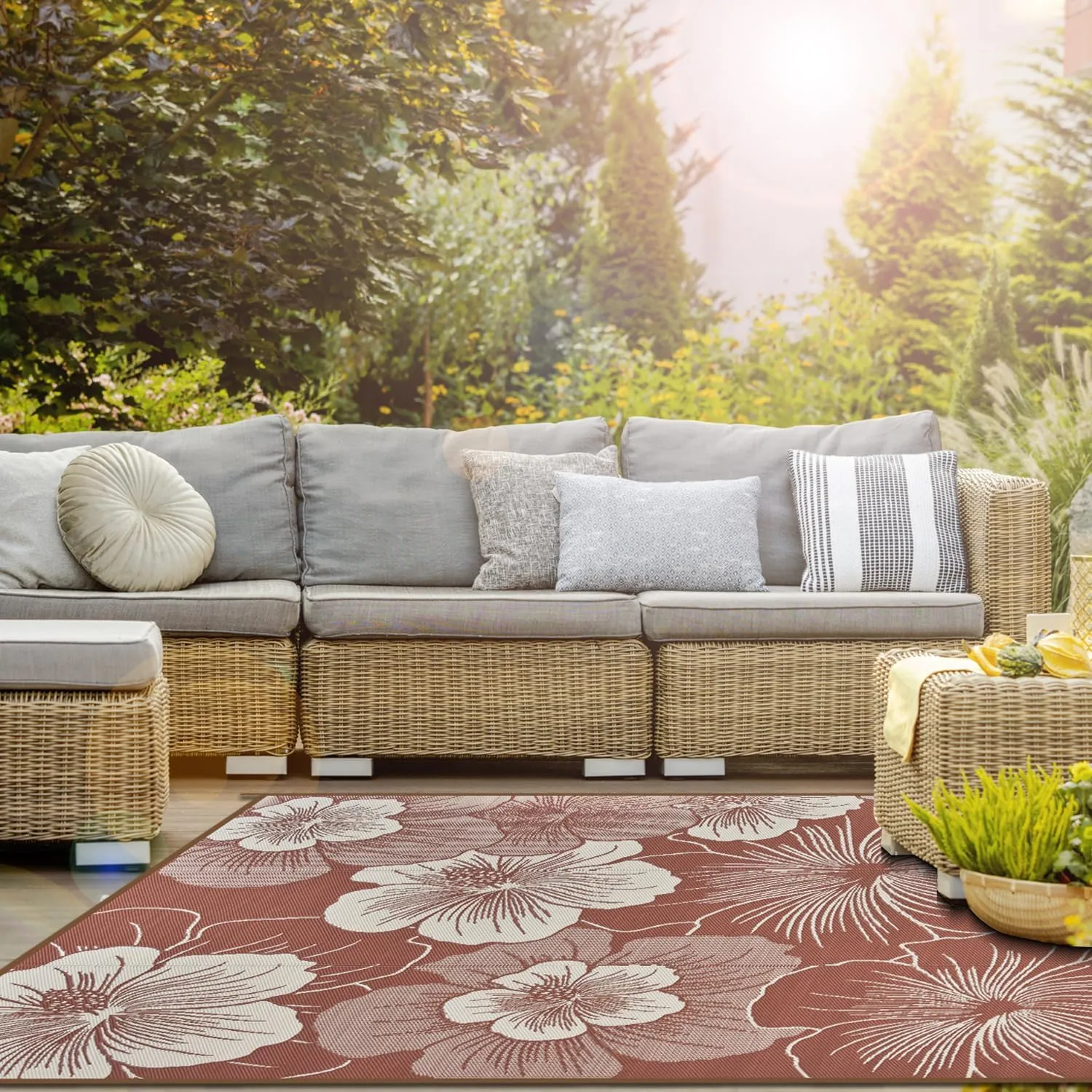 Reversible Outdoor Rug 9x12 ft, Waterproof Plastic Straw Patio Camping Rugs, Outdoor Indoor RV Mat Carpet for Patio, Outside Entry, Backyard, Deck, Bench, Picnic, Camping, Brown/Light Beige