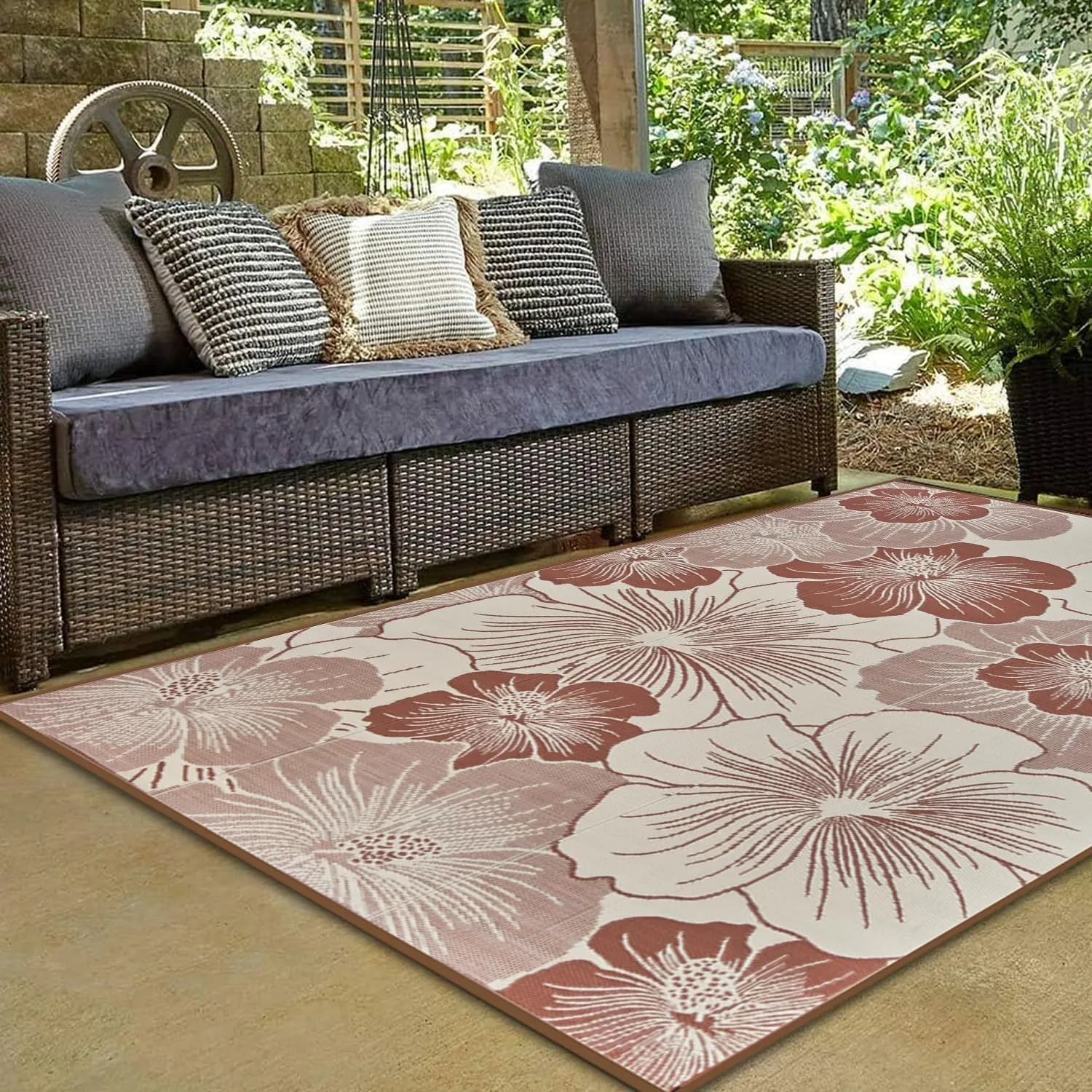 Reversible Outdoor Rug 9x12 ft, Waterproof Plastic Straw Patio Camping Rugs, Outdoor Indoor RV Mat Carpet for Patio, Outside Entry, Backyard, Deck, Bench, Picnic, Camping, Brown/Light Beige