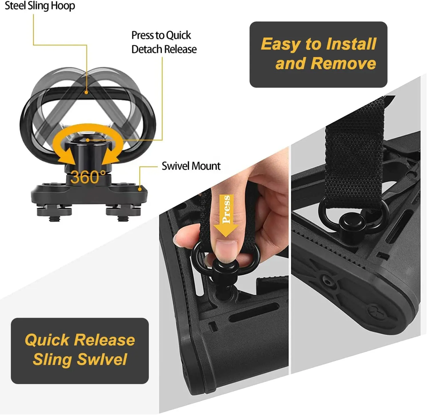 Rifle Sling 2 Point Sling Quick Adjust with QD Sling Swivels, 2 PCS QD Sling Mount, Rifle Straps with Fast Adjust Thumb Loop