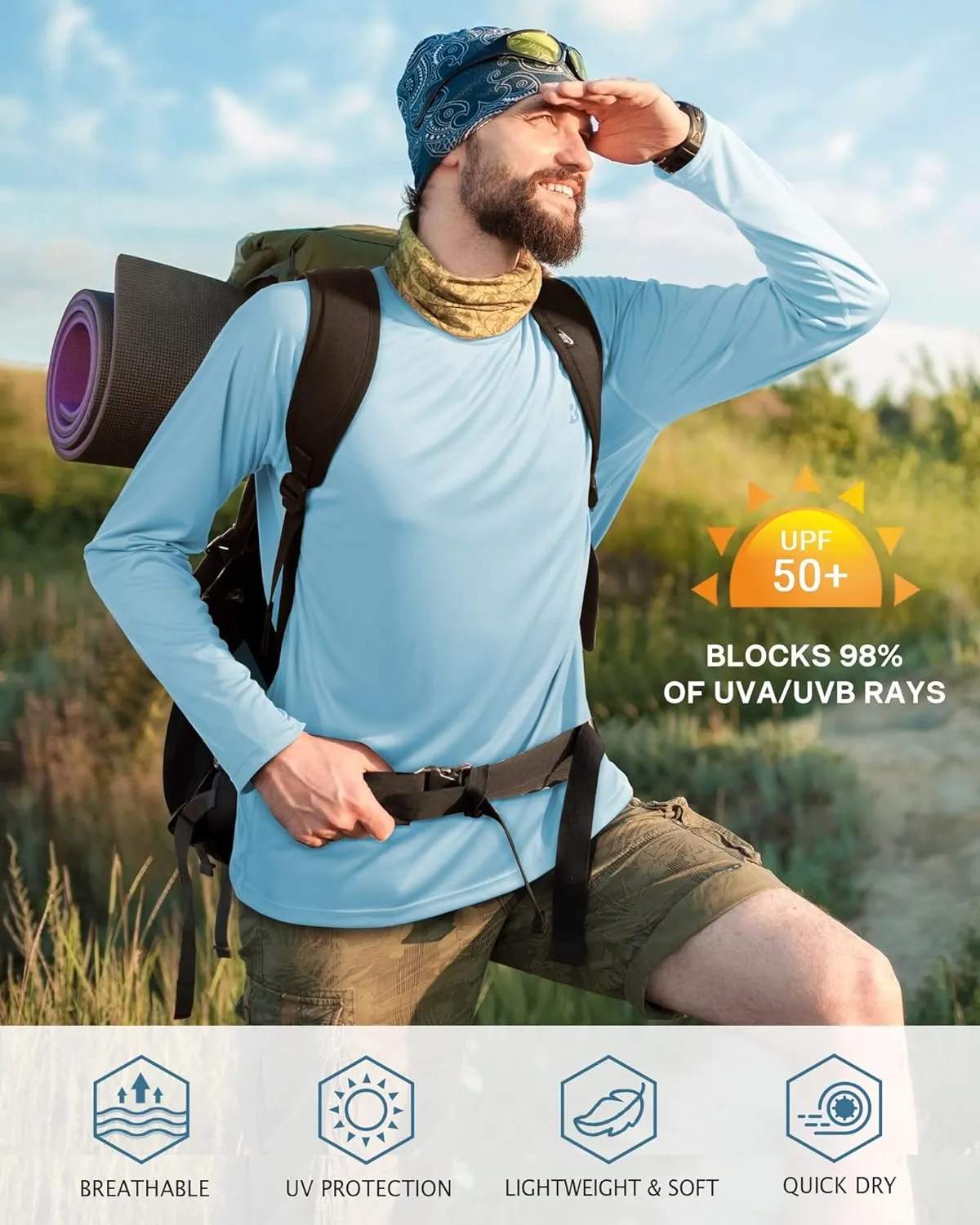 Roadbox Mens UPF 50  UV Sun Protection Shirts Outdoor Long Sleeve SPF Rash Guard for Fishing Hiking Swimming Running