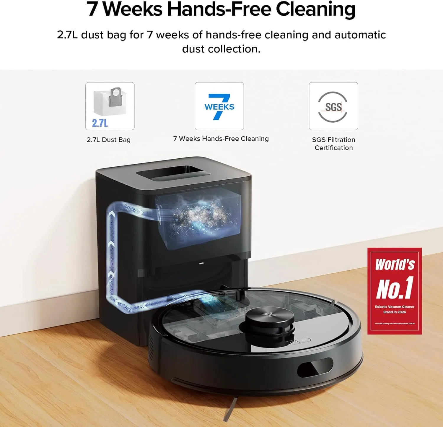 roborock Q7 M5  Robot Vacuum and Mop, Self-Emptying Dock, 7 Weeks Hands-Free Cleaning, 10000Pa Suction, Dual Anti-Tangle System, for Pet Hair & Carpet, PreciSense LiDAR Navigation, App Control, Black