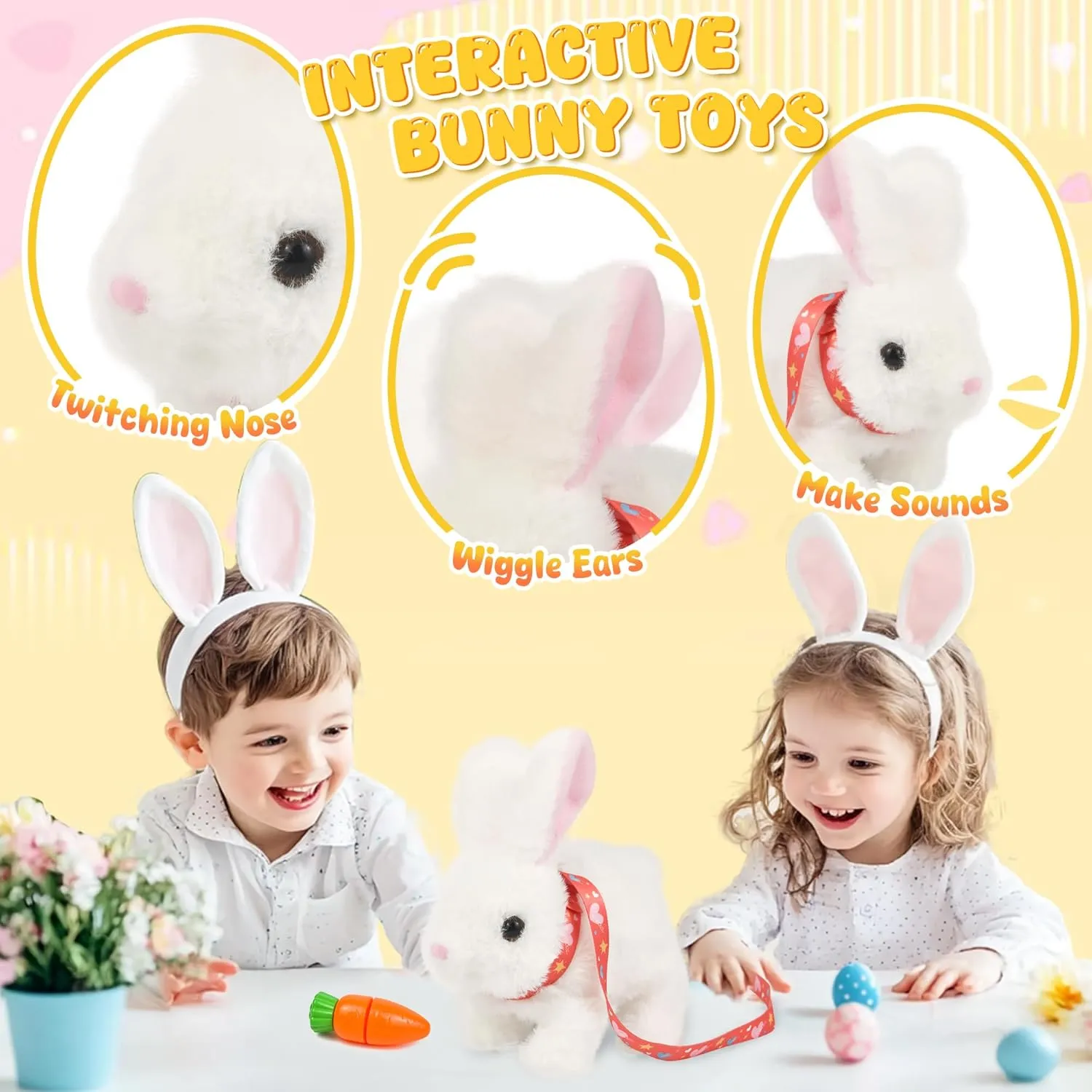 Robot Bunny Pal- My Realistic Bunny Toy, Bunny Realistic Bunny with Sounds, Jumping, Twitching, and Shaking Ears, Interactive Plush Bunny for Kids with Leash, Birthday Gift for Easter Toddler (White)
