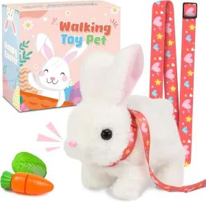 Robot Bunny Pal- My Realistic Bunny Toy, Bunny Realistic Bunny with Sounds, Jumping, Twitching, and Shaking Ears, Interactive Plush Bunny for Kids with Leash, Birthday Gift for Easter Toddler (White)