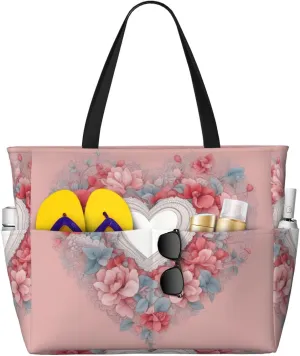 Romantic Heart Print Stylish Beach Tote Bag,Large Capacity Handbag,Perfect For Women'S Vacation And Daily Use
