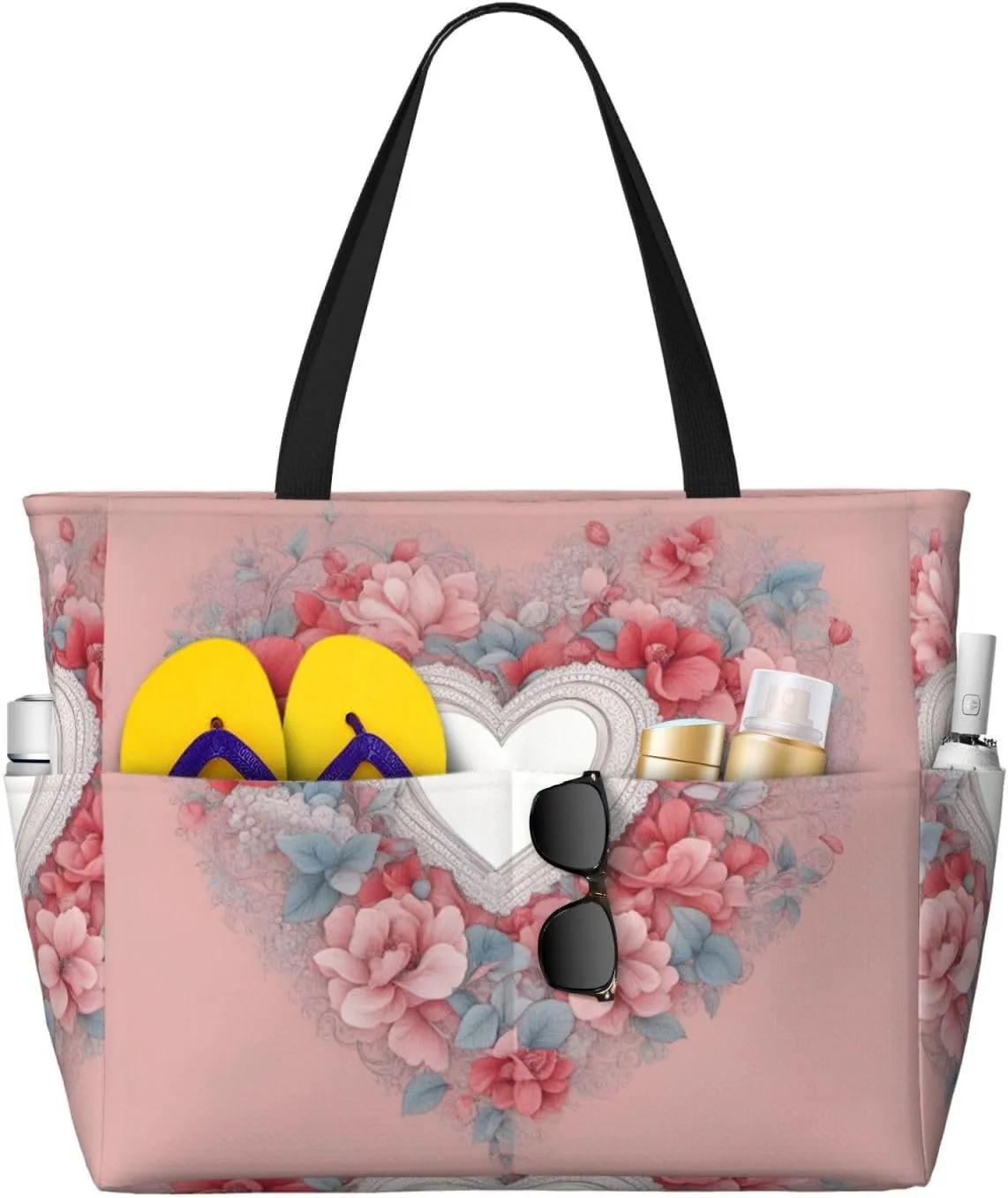 Romantic Heart Print Stylish Beach Tote Bag,Large Capacity Handbag,Perfect For Women'S Vacation And Daily Use