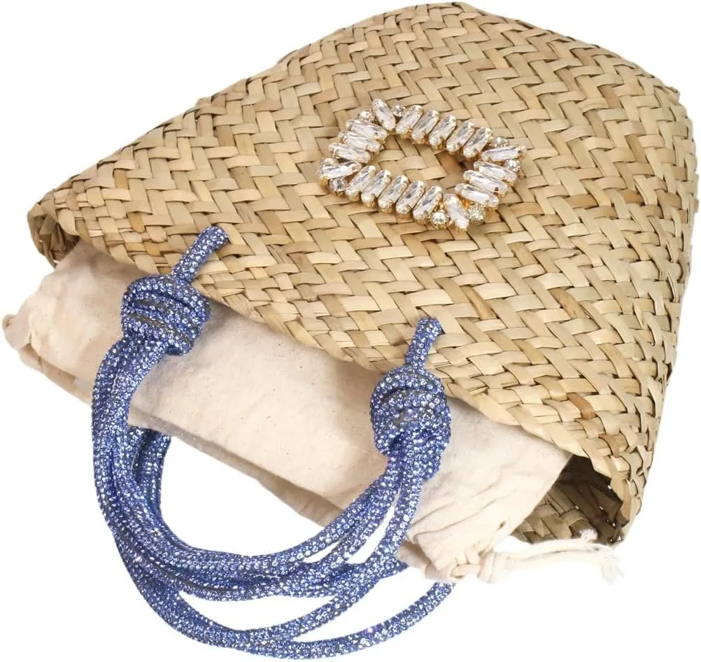 RomanticDesign Women Straw Beach Bag Woven Tote Bag Small Summer Handbag with Rhinestone Handle