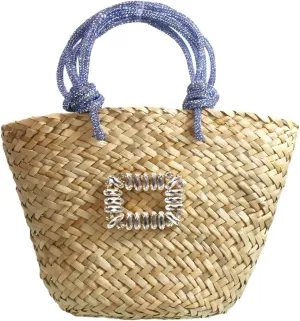 RomanticDesign Women Straw Beach Bag Woven Tote Bag Small Summer Handbag with Rhinestone Handle