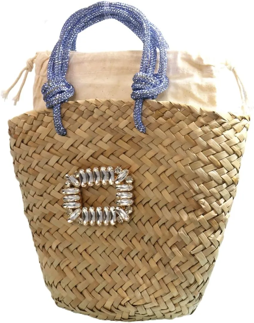 RomanticDesign Women Straw Beach Bag Woven Tote Bag Small Summer Handbag with Rhinestone Handle