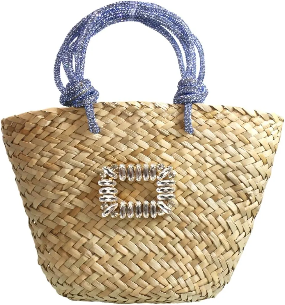 RomanticDesign Women Straw Beach Bag Woven Tote Bag Small Summer Handbag with Rhinestone Handle