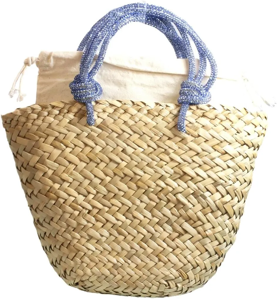 RomanticDesign Women Straw Beach Bag Woven Tote Bag Small Summer Handbag with Rhinestone Handle