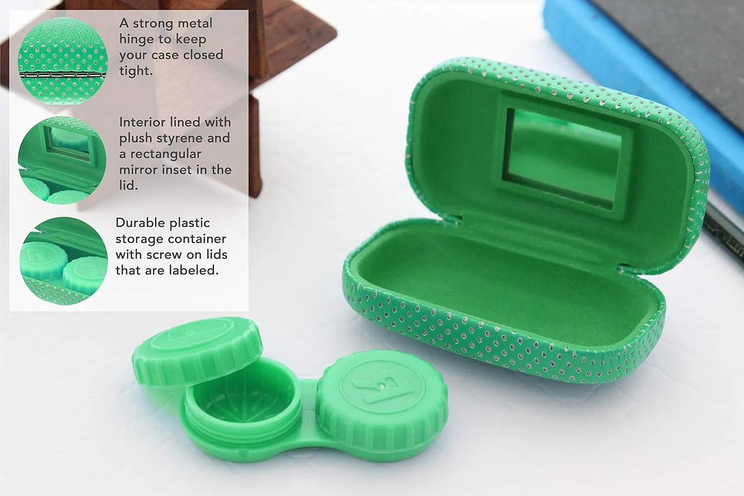 Ron's Optical Hard Mod Green and White Polka Dot with Interior Mirror Contact Lens Travel Case