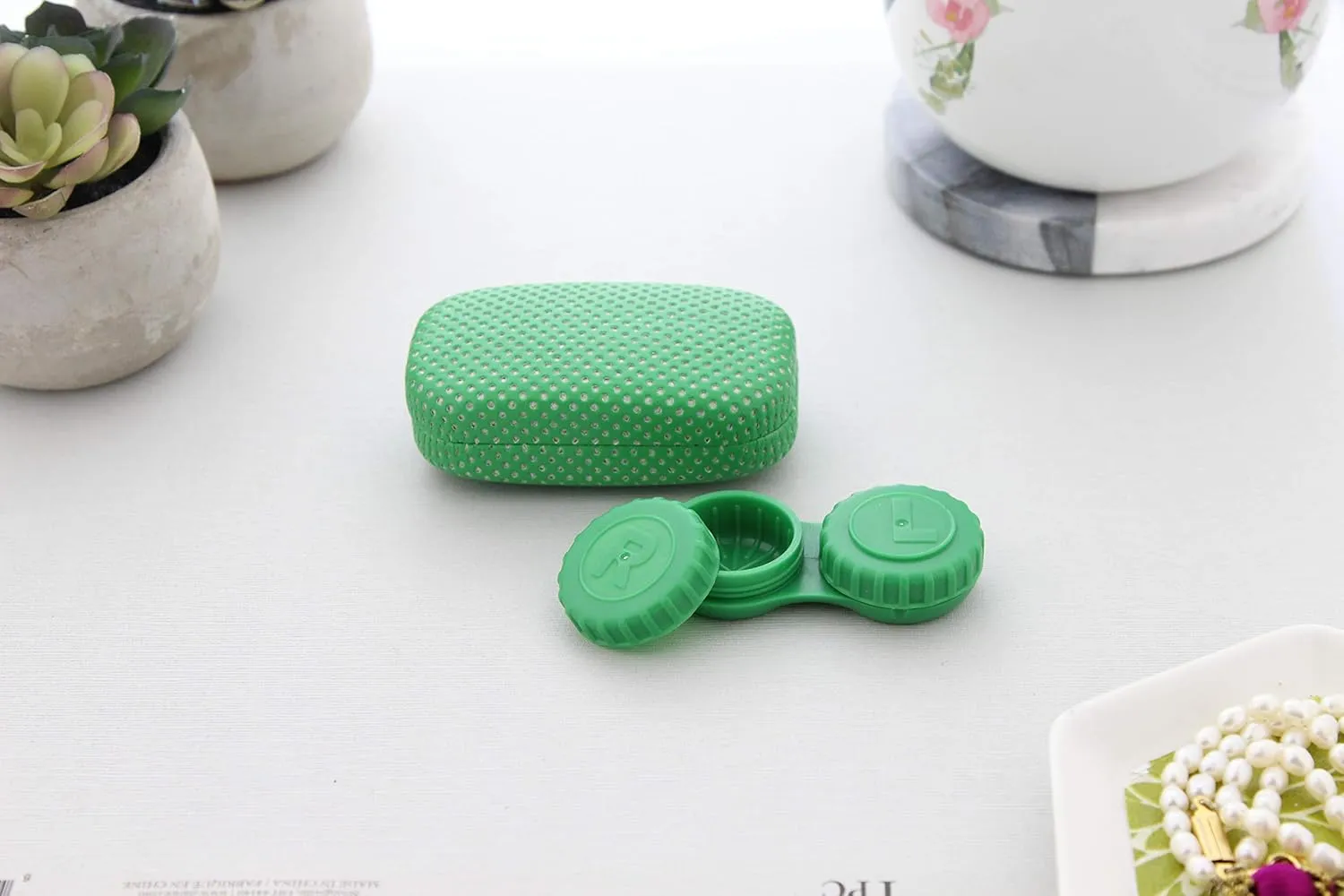Ron's Optical Hard Mod Green and White Polka Dot with Interior Mirror Contact Lens Travel Case