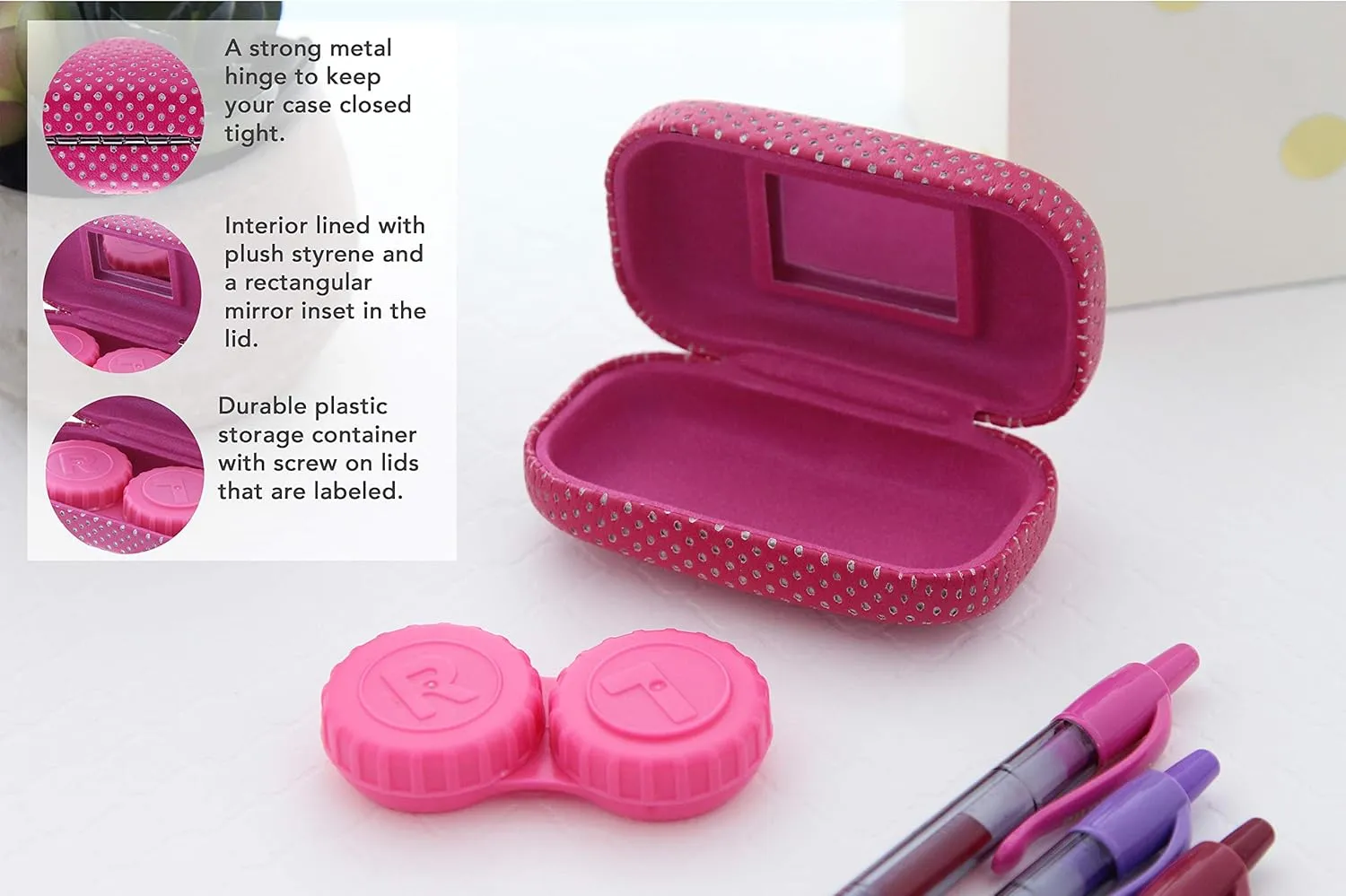 Ron's Optical Hard Mod Pink and White Polka Dot with Interior Mirror Contact Lens Travel Case