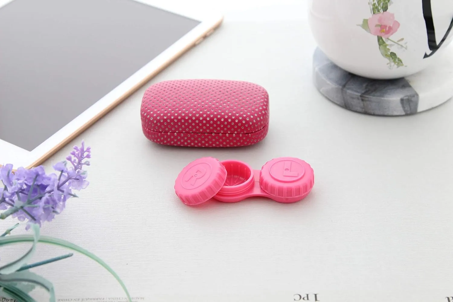 Ron's Optical Hard Mod Pink and White Polka Dot with Interior Mirror Contact Lens Travel Case