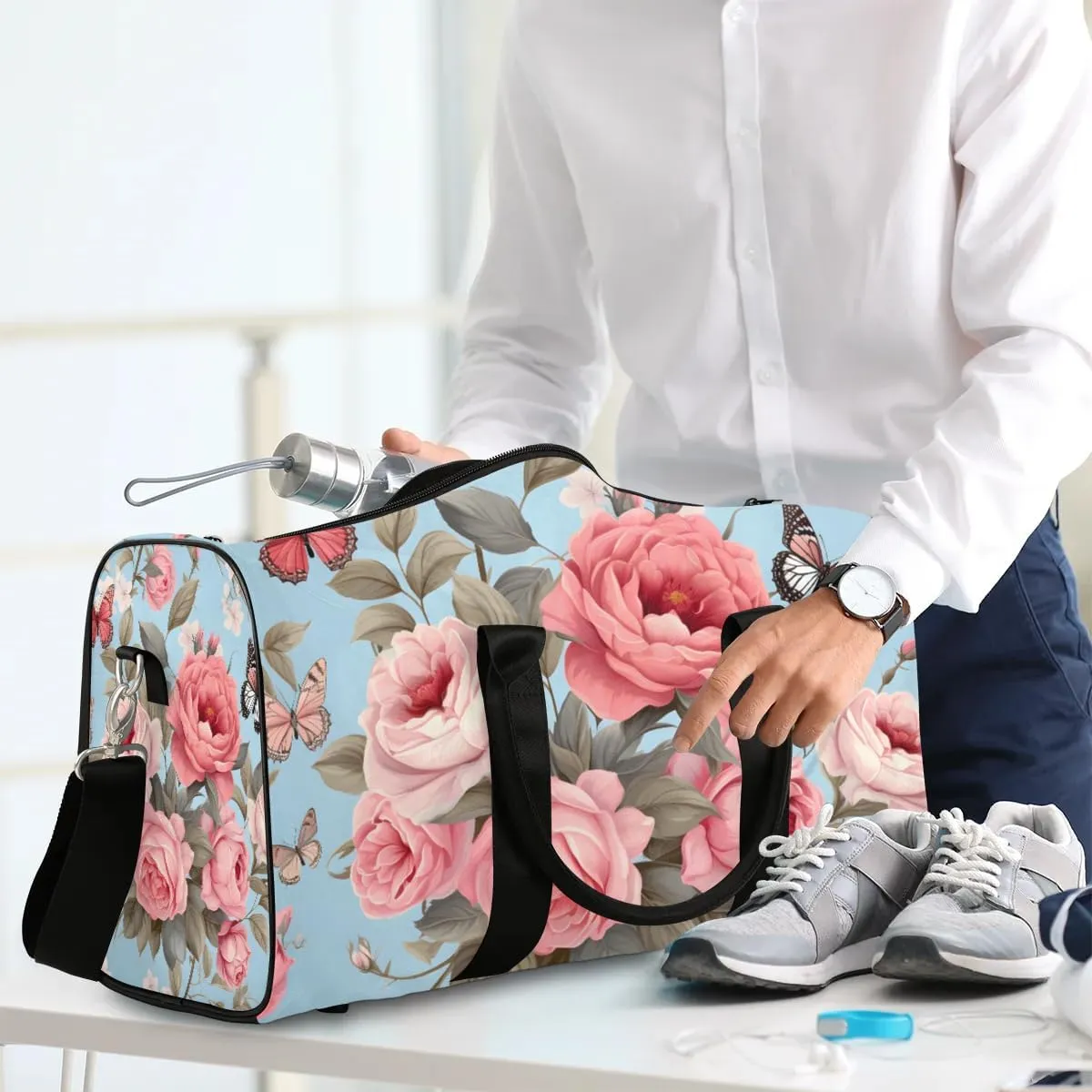 Rose Romance Travel Duffel Bag for Women Men Waterproof Foldable Overnight Weekender Bag Large Capacity Sports Gym Bag