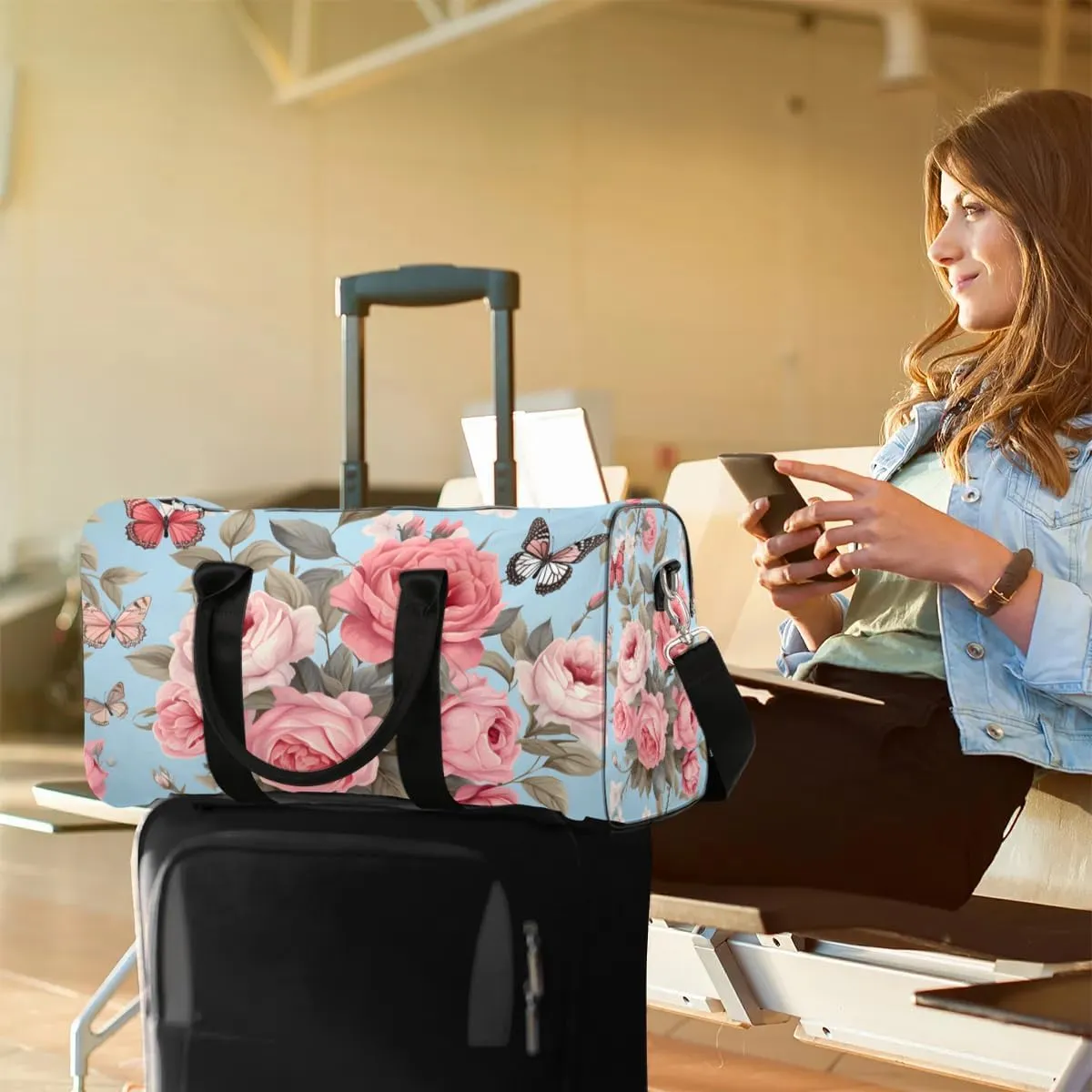 Rose Romance Travel Duffel Bag for Women Men Waterproof Foldable Overnight Weekender Bag Large Capacity Sports Gym Bag