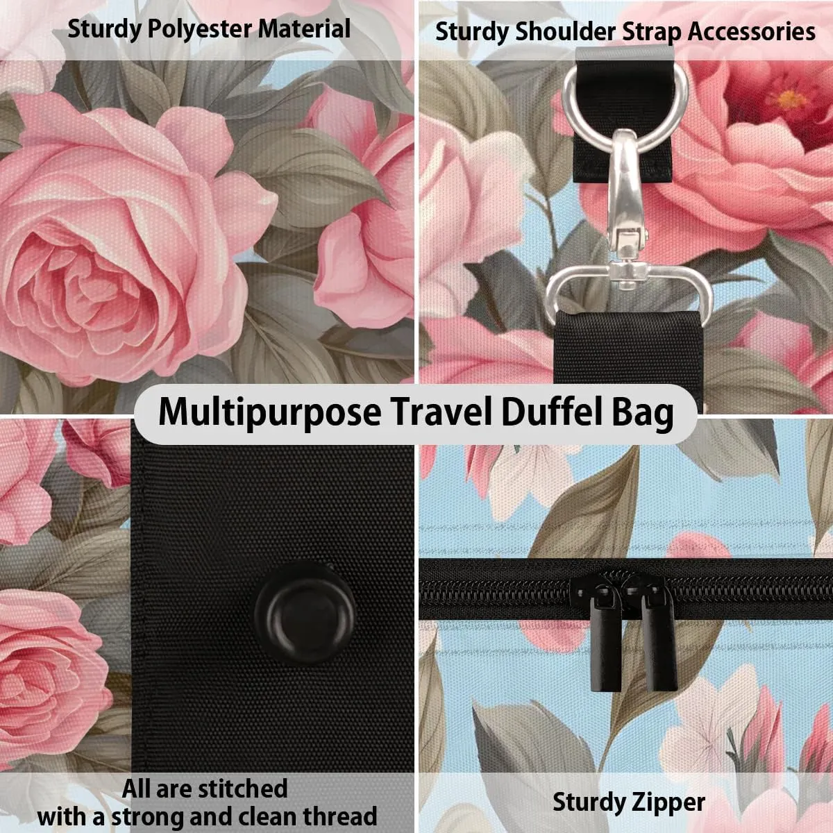 Rose Romance Travel Duffel Bag for Women Men Waterproof Foldable Overnight Weekender Bag Large Capacity Sports Gym Bag