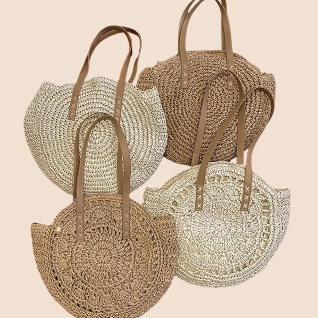 Round Straw Woven Shoulder Bag for Women – Large Capacity, Hollow Out Design, Vacation Beach Tote