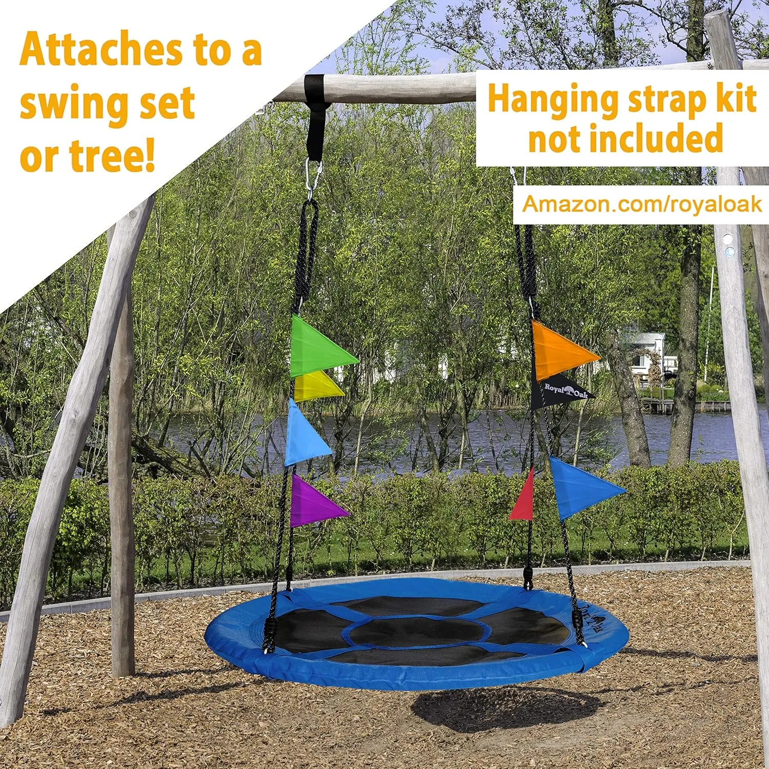 Royal Oak Saucer Tree Swing,Giant 40 Inches with Carabiners and Flags, Heavy Duty 1680D Oxford Fabric,700 lb Weight Capacity, Steel Frame,Waterproof, Easy Install Step by Step Instructions (Blue)