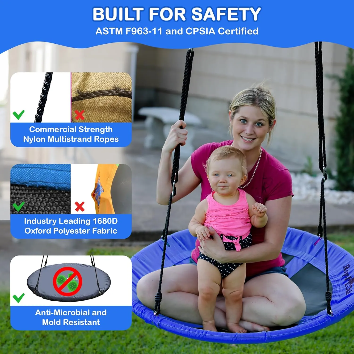 Royal Oak Saucer Tree Swing,Giant 40 Inches with Carabiners and Flags, Heavy Duty 1680D Oxford Fabric,700 lb Weight Capacity, Steel Frame,Waterproof, Easy Install Step by Step Instructions (Blue)