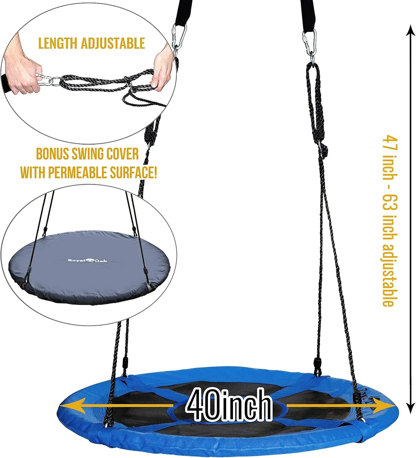 Royal Oak Saucer Tree Swing,Giant 40 Inches with Carabiners and Flags, Heavy Duty 1680D Oxford Fabric,700 lb Weight Capacity, Steel Frame,Waterproof, Easy Install Step by Step Instructions (Blue)