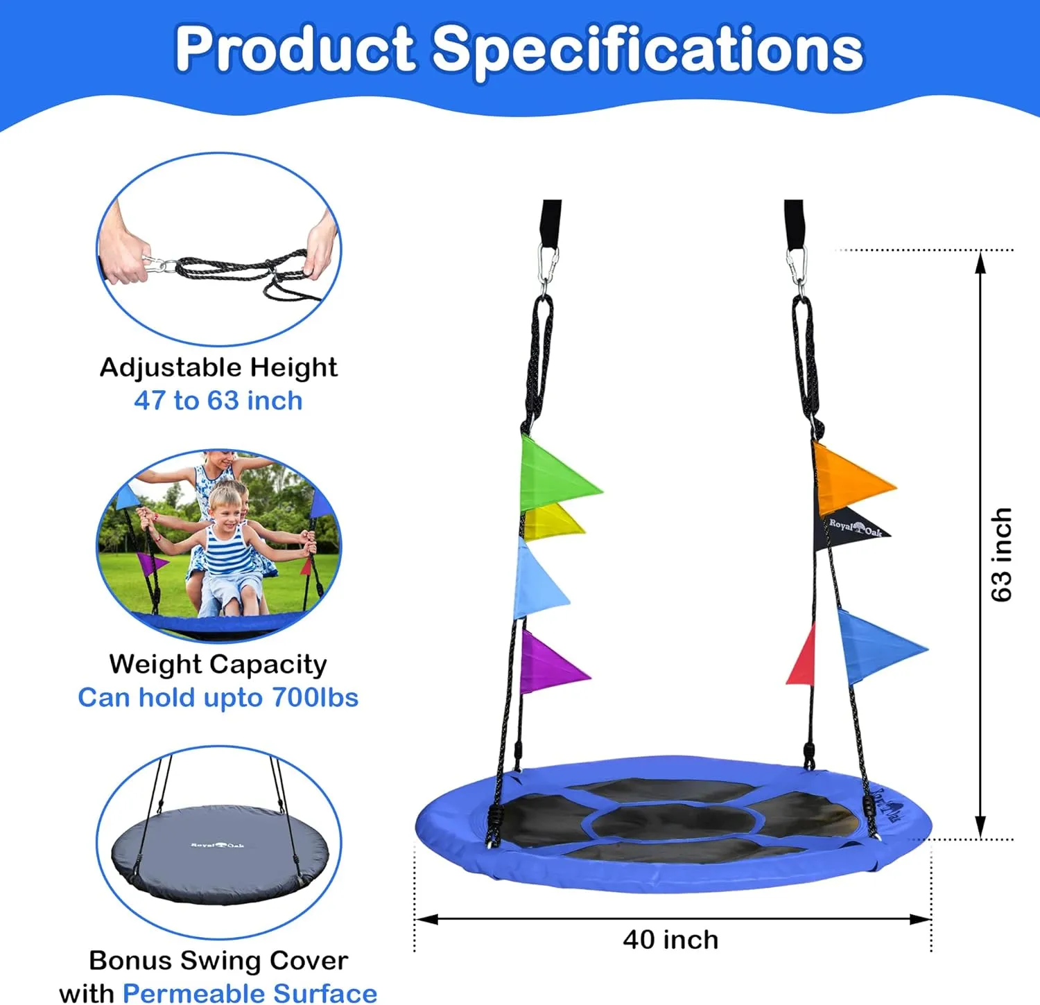 Royal Oak Saucer Tree Swing,Giant 40 Inches with Carabiners and Flags, Heavy Duty 1680D Oxford Fabric,700 lb Weight Capacity, Steel Frame,Waterproof, Easy Install Step by Step Instructions (Blue)