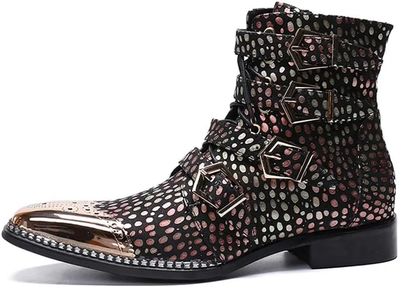 Rui Landed Ankle Boots for Men Pointed Toe Plain Genuine Leather Monk Strap Lace Up Style Block Heel Metal Inner Zippers High Top Shoes