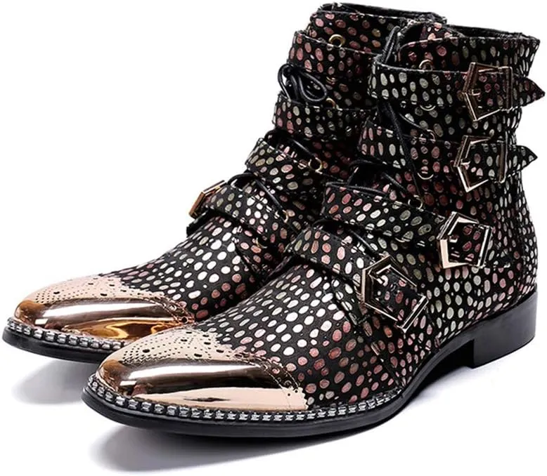 Rui Landed Ankle Boots for Men Pointed Toe Plain Genuine Leather Monk Strap Lace Up Style Block Heel Metal Inner Zippers High Top Shoes