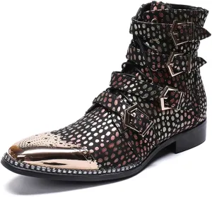 Rui Landed Ankle Boots for Men Pointed Toe Plain Genuine Leather Monk Strap Lace Up Style Block Heel Metal Inner Zippers High Top Shoes