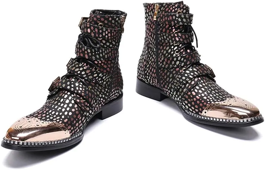 Rui Landed Ankle Boots for Men Pointed Toe Plain Genuine Leather Monk Strap Lace Up Style Block Heel Metal Inner Zippers High Top Shoes