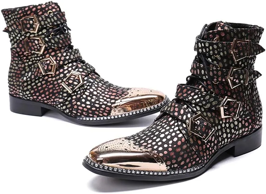 Rui Landed Ankle Boots for Men Pointed Toe Plain Genuine Leather Monk Strap Lace Up Style Block Heel Metal Inner Zippers High Top Shoes