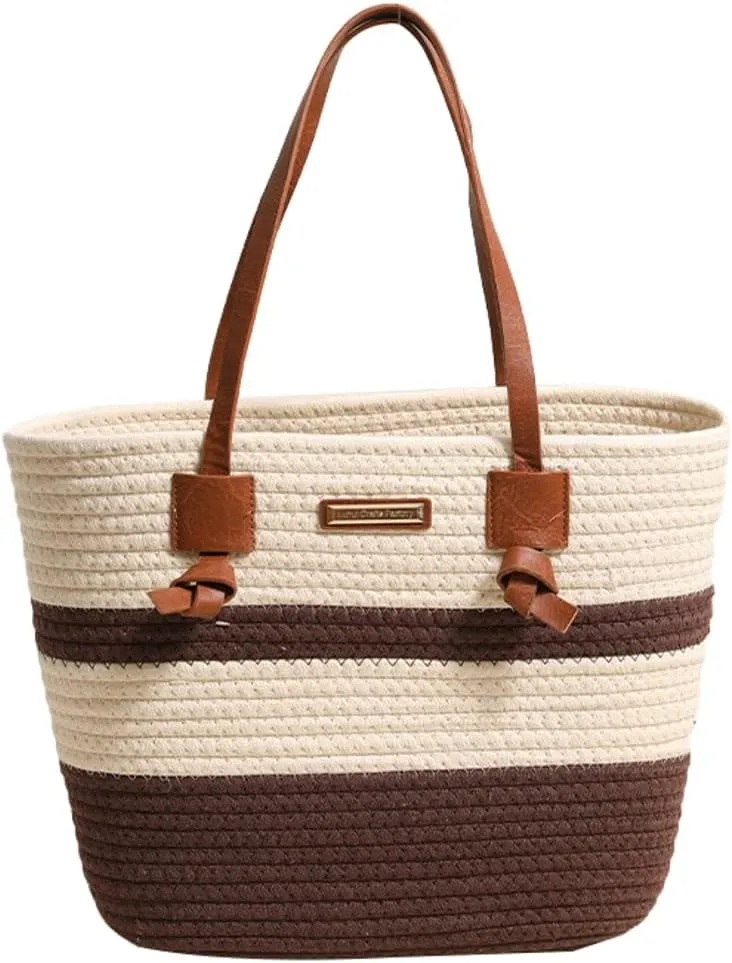Rungion Large Woven Tote Bags for Women Cotton Rope Handbag Summer Beach Shoulder Bag Vacation Top Handle Purses