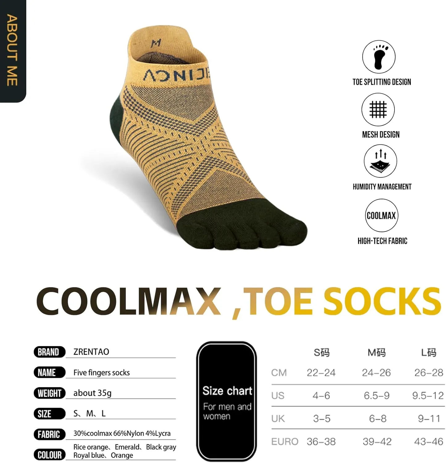 Running Athletic Toe Socks, Cool Quick-Dry Five-Toe Design with Arch Support for Men & Women
