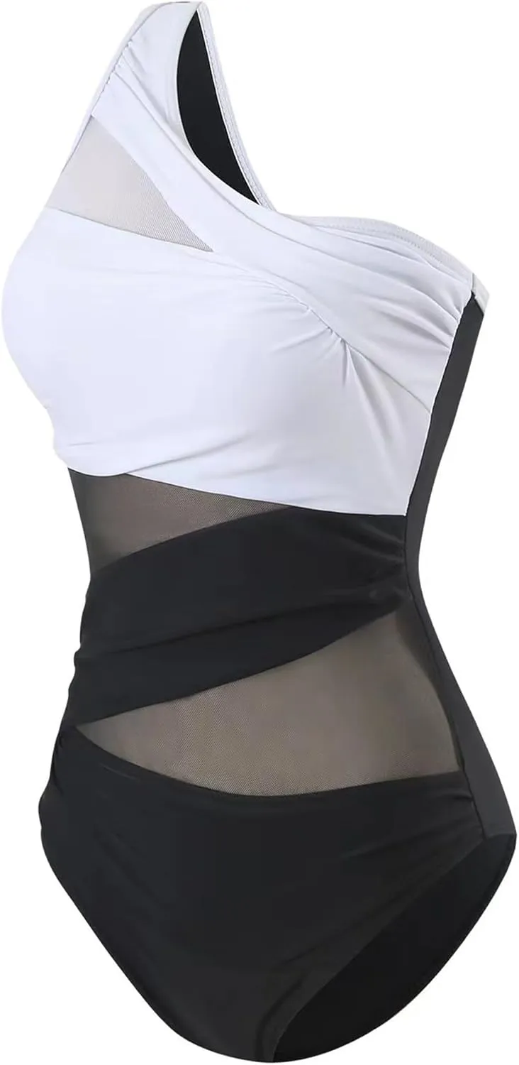 Runtlly Women's One Piece Swimsuits One Shoulder Plus Size Swimwear Bathing Suit with See Through Mesh Style
