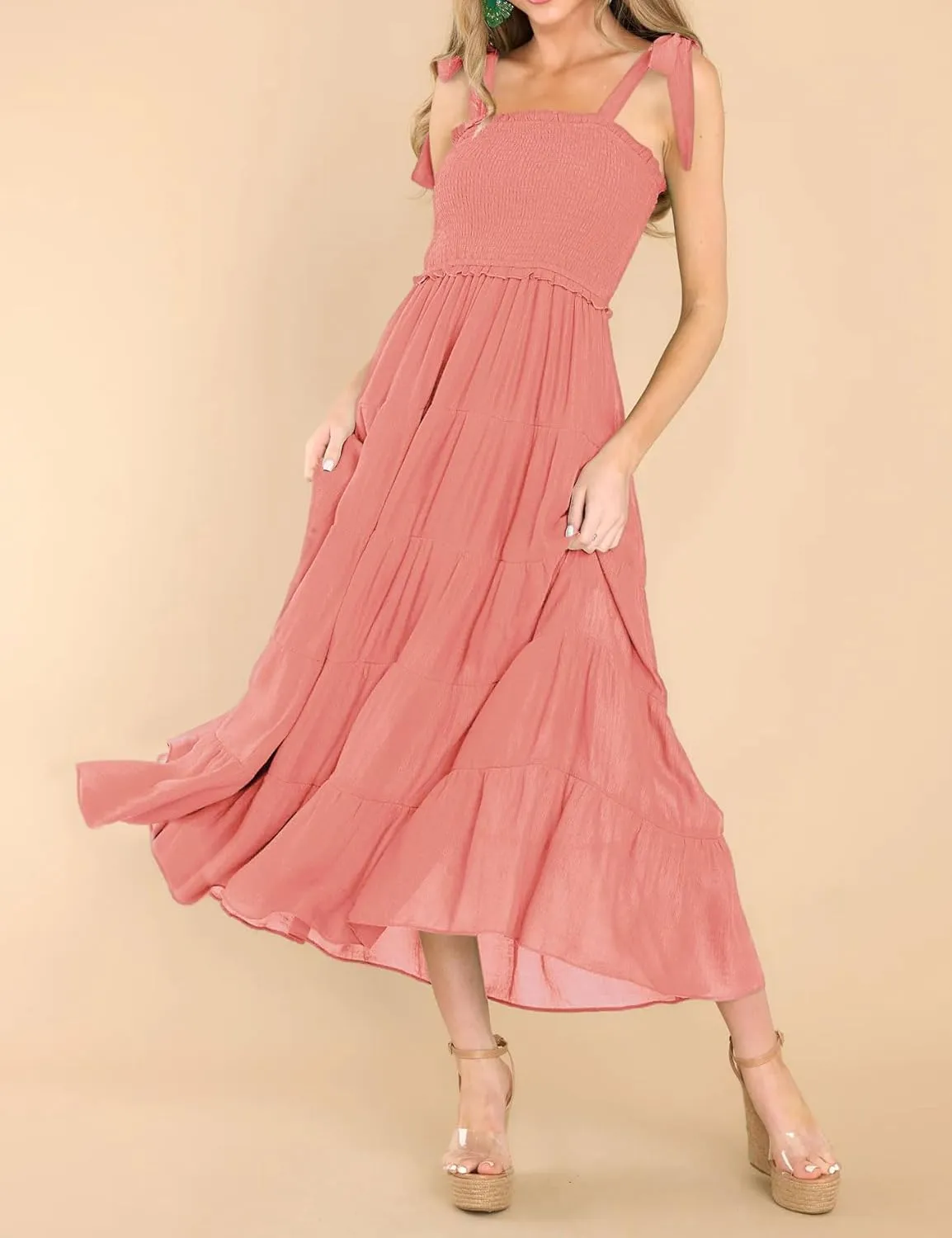 R.Vivimos Women's Summer Cotton Adjustable Straps Boho Stripe Casual Flowy A Line Midi Dress with Pockets