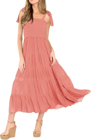 R.Vivimos Women's Summer Cotton Adjustable Straps Boho Stripe Casual Flowy A Line Midi Dress with Pockets
