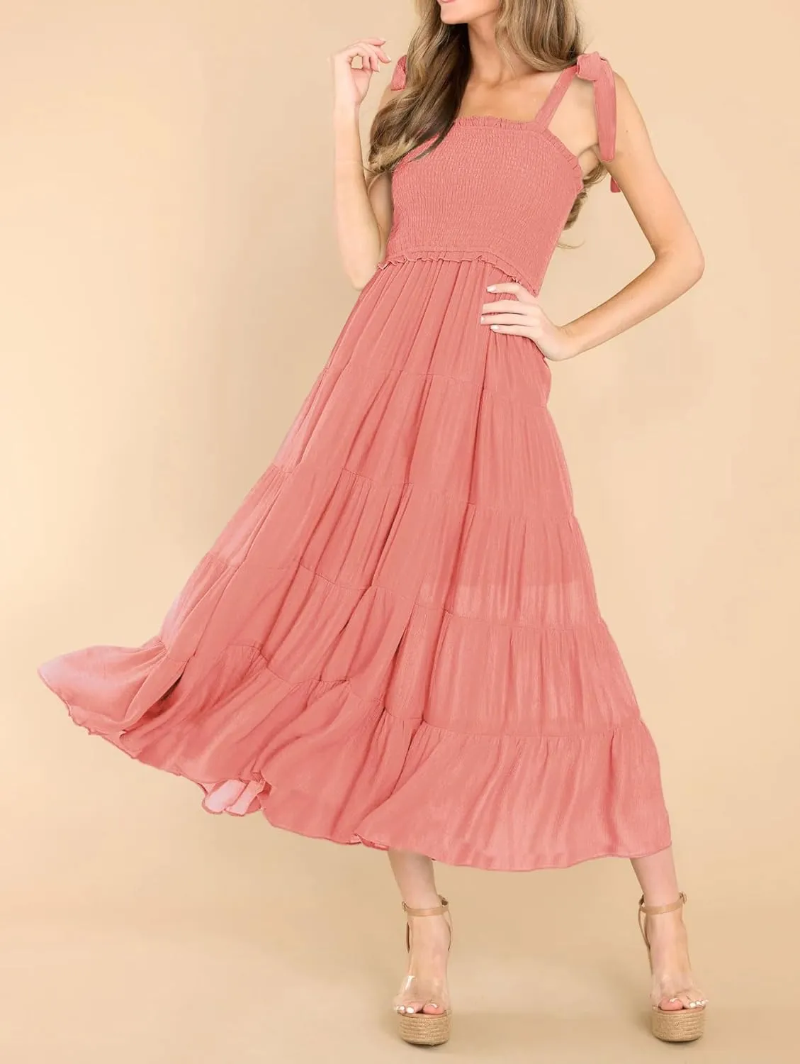 R.Vivimos Women's Summer Cotton Adjustable Straps Boho Stripe Casual Flowy A Line Midi Dress with Pockets