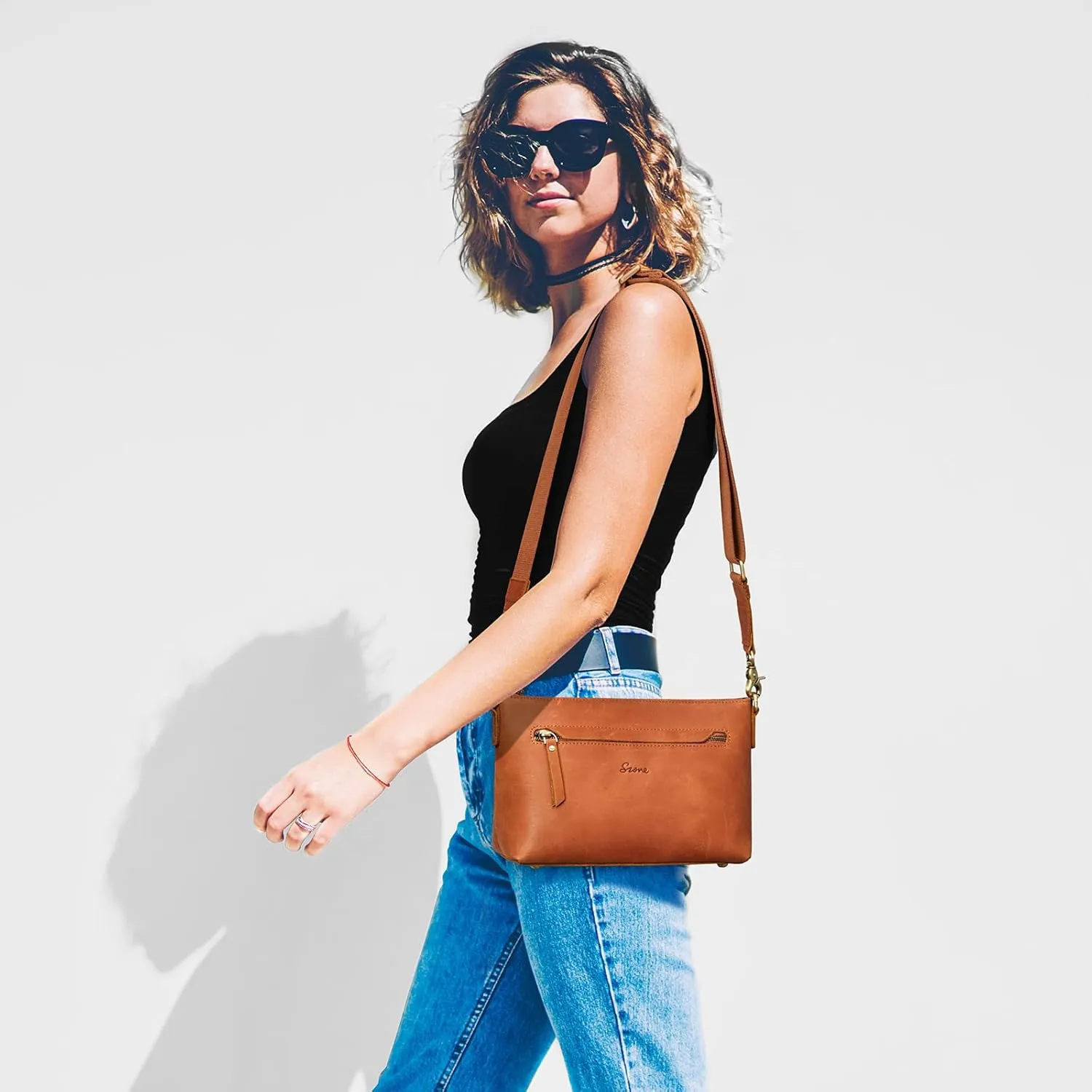 S-ZONE Crossbody Bags for Women Trendy Genuine Leather Small Shoulder Bag Purses with Wide Strap