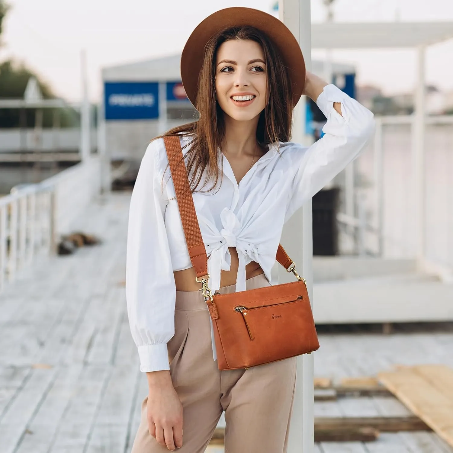 S-ZONE Crossbody Bags for Women Trendy Genuine Leather Small Shoulder Bag Purses with Wide Strap