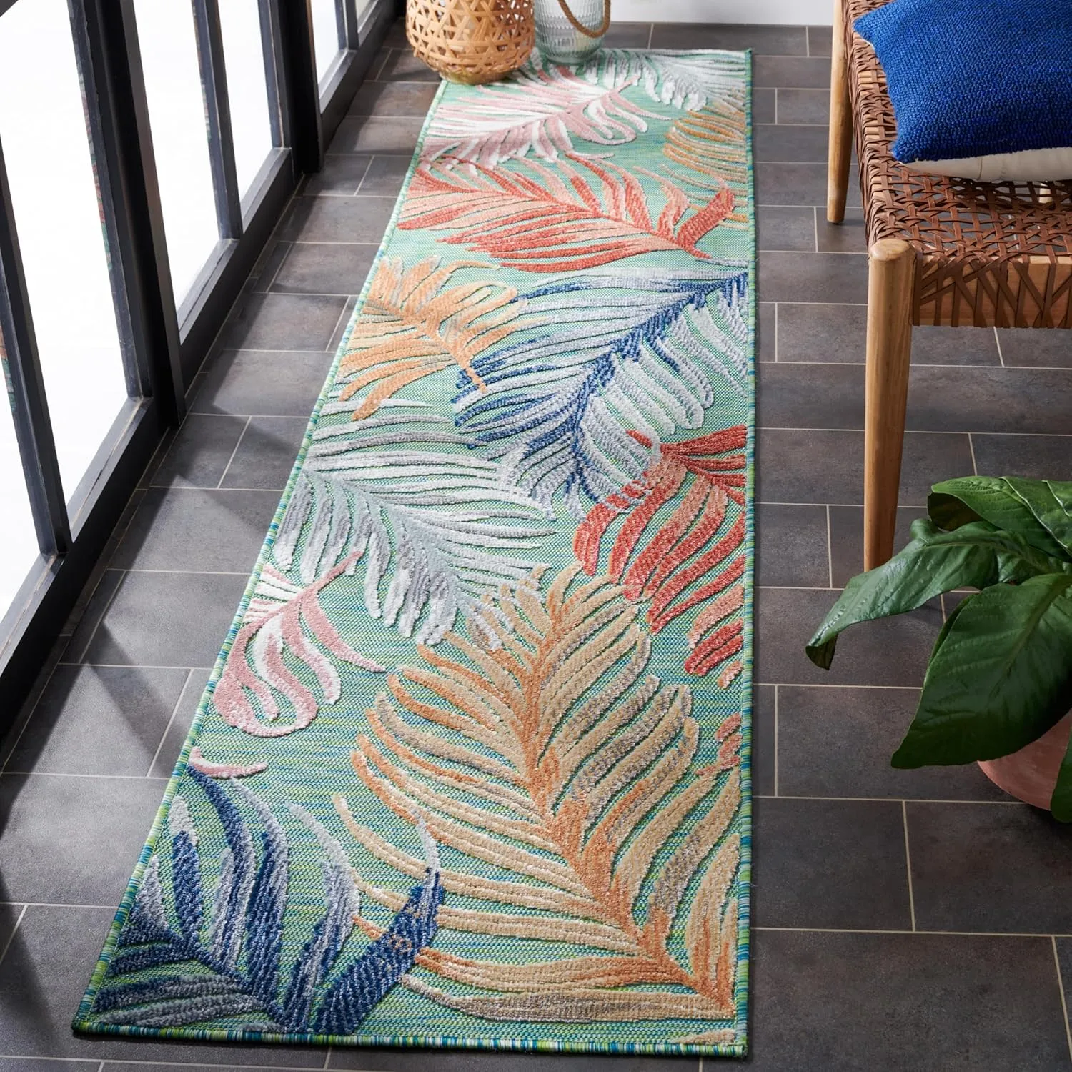 SAFAVIEH Cabana Collection Runner Rug - 2' x 9', Green & Rust, Tropical Design, Non-Shedding & Easy Care, Indoor/Outdoor & Washable-Ideal for Patio, Backyard, Mudroom (CBN445Y)